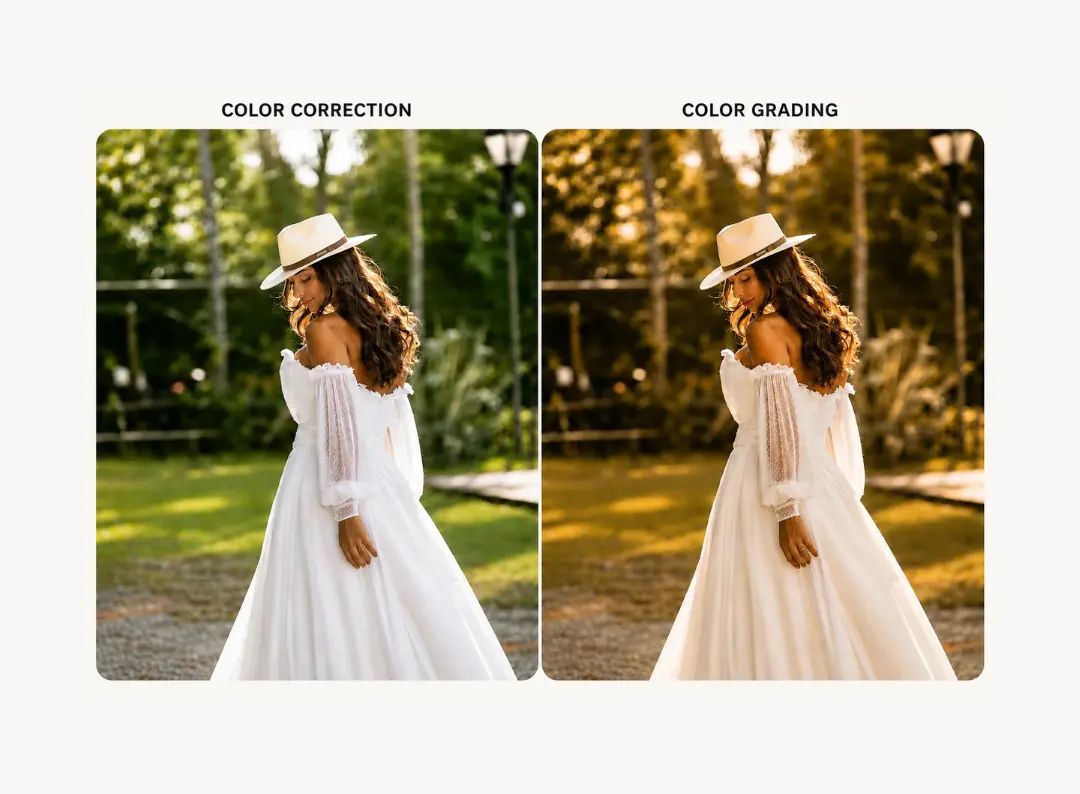 Side-by-side comparison of color correction and color grading applied to the same portrait photograph.